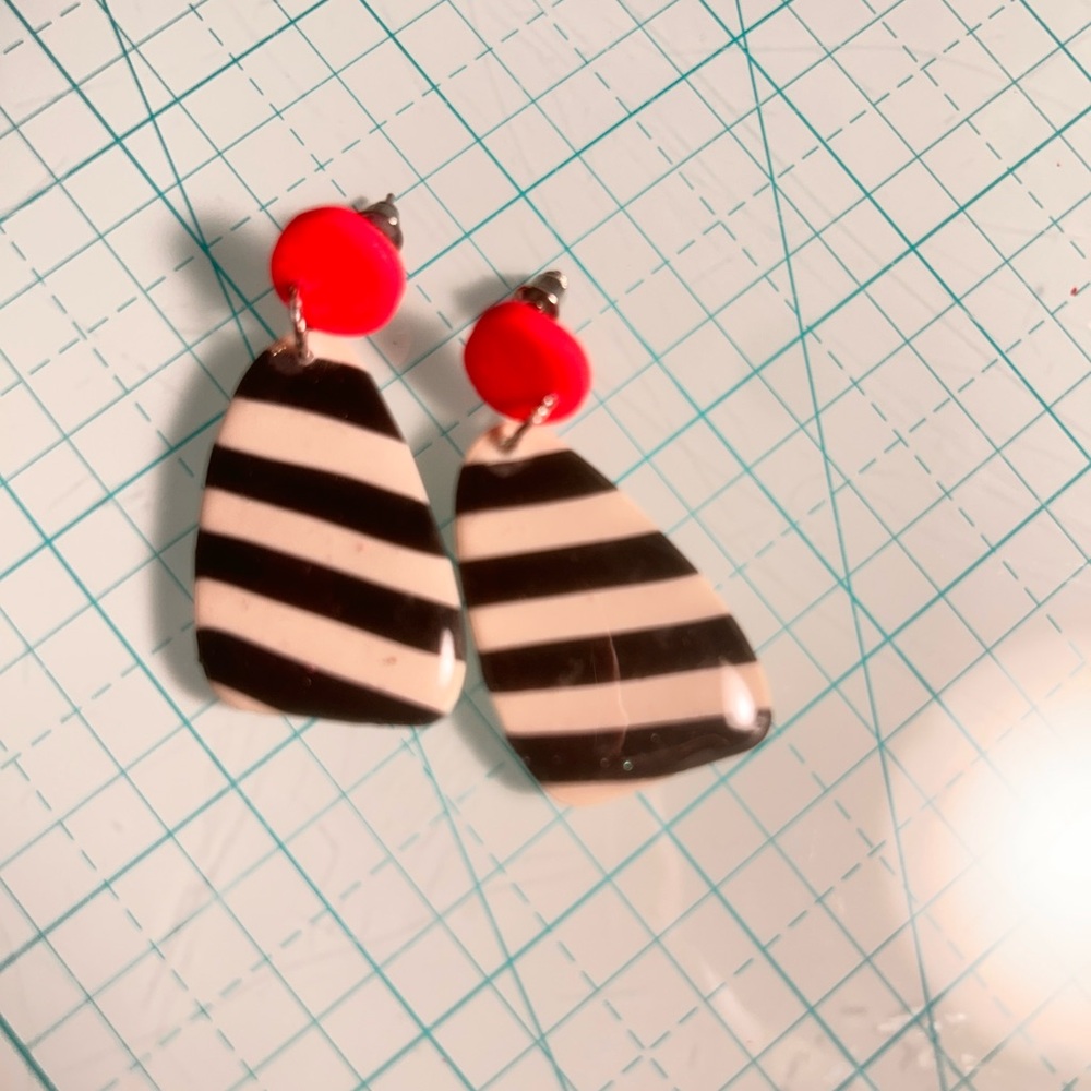 Striped Black and White Earrings with Red Accents